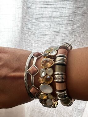 Mixed Metal and Gemstone Stackable Bracelet Set - Gold and Silver